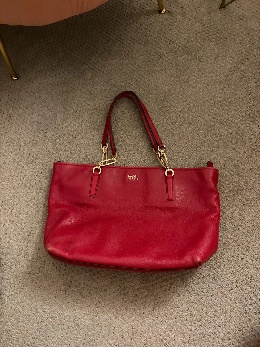 Coach Crimson Leather Tote with Gold Hardware